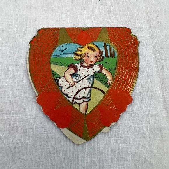 Vtg 1930s 1935 Valentine's Day Holiday Die Cut Boy Girl Stick Hoop Boxing Card - Picture 1 of 5